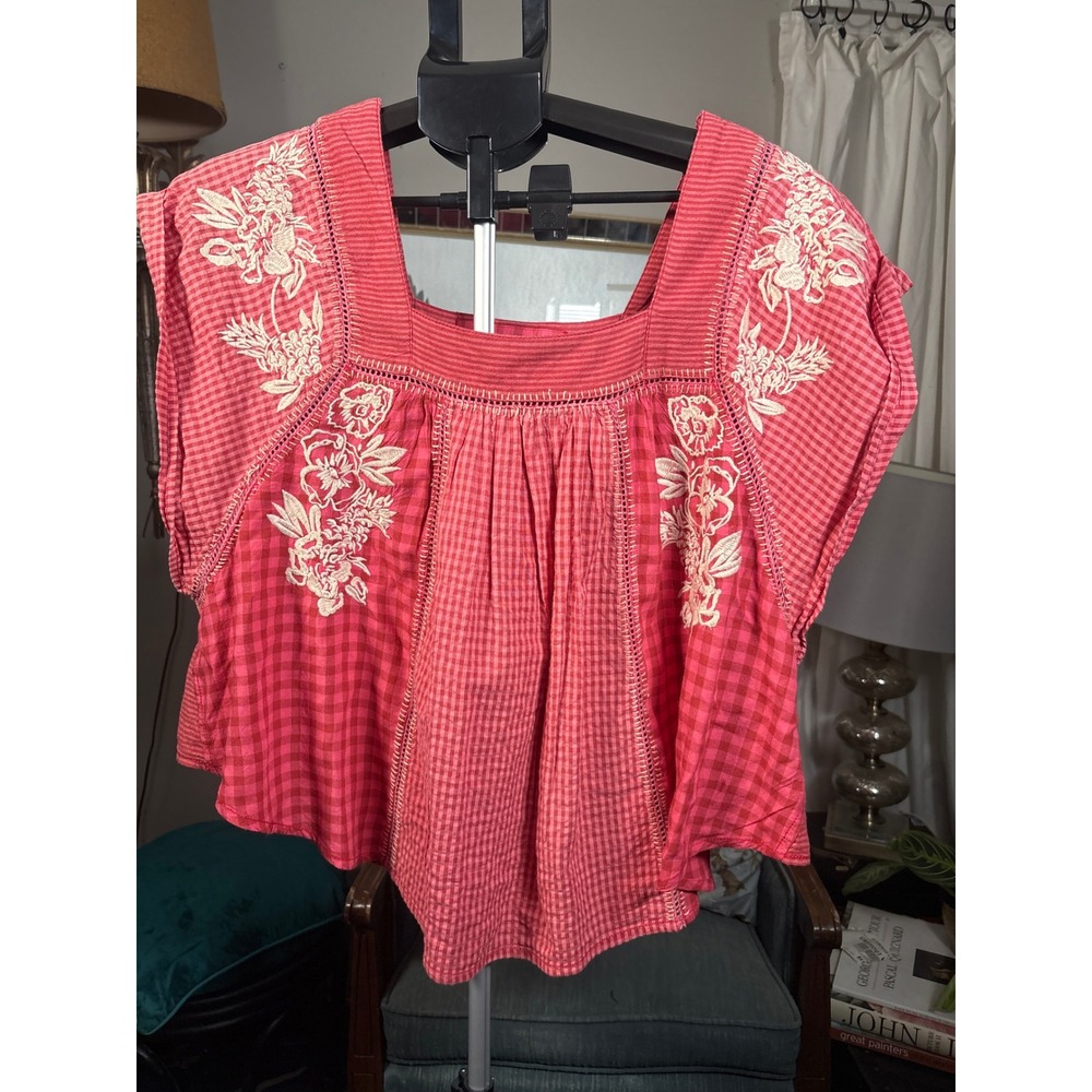 We The Free Free People half moon Embroidered red gingham Top Cotton blend XS - Picture 2 of 12